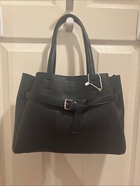 Black Structured Tote Bag with Buckle Detail